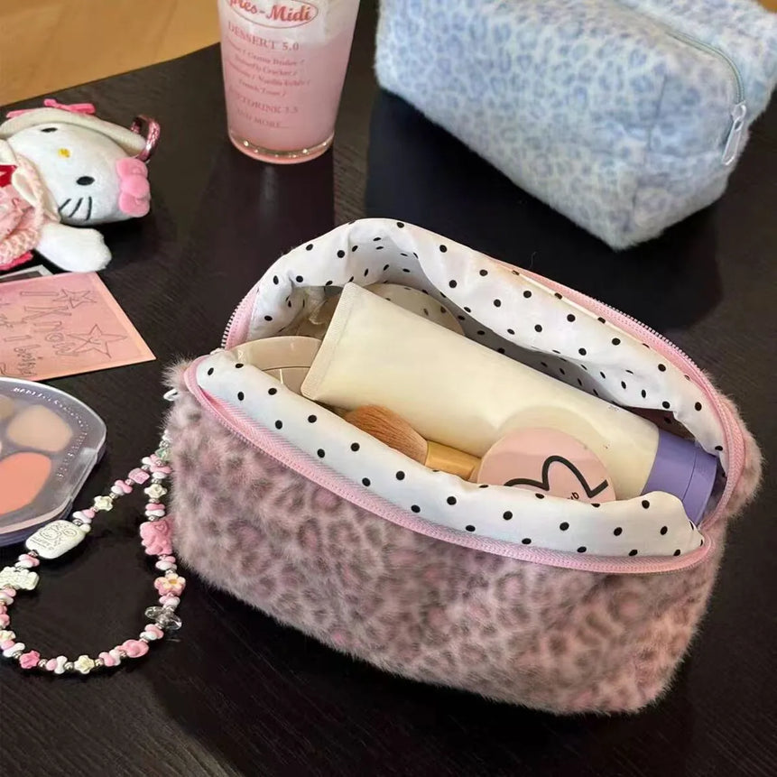 Cute Plush Leopard Travel Cosmetic Lipstick Brush Portable Storage Bag Women Makeup Handbags Wallet Pouch Make Up Bags Organizer