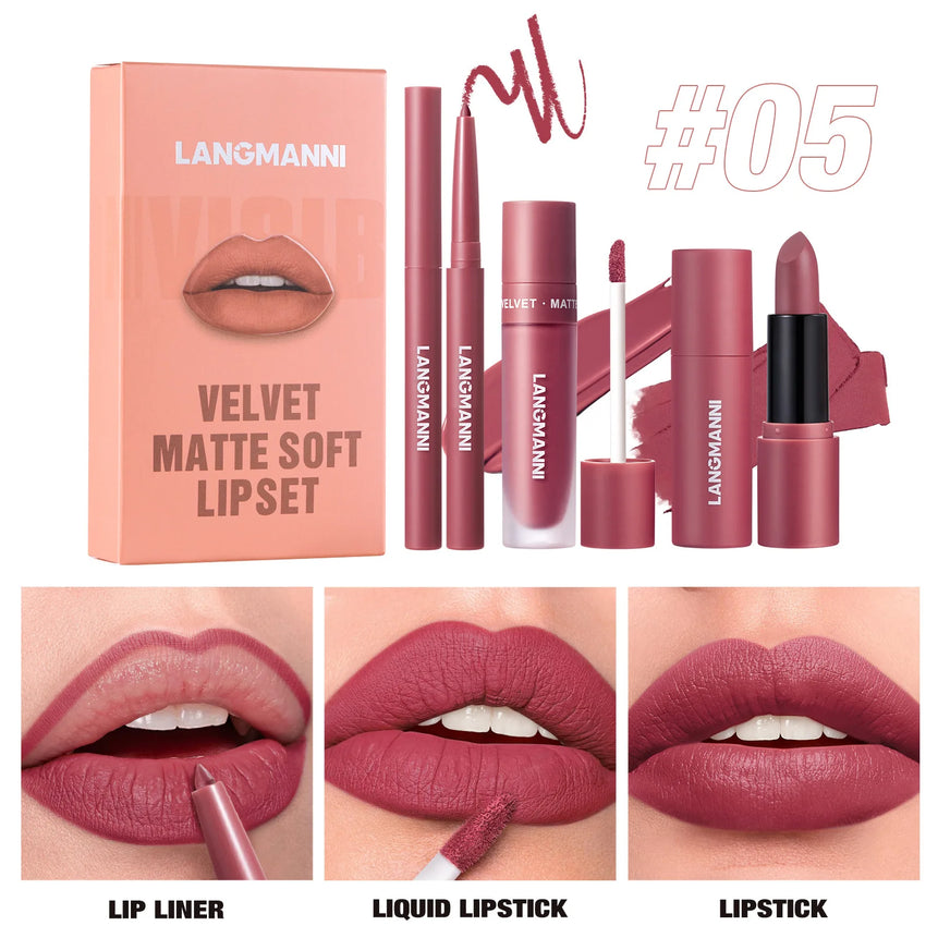 3pcs/Set Long Lasting Waterproof Lip Makeup Kit - Soft Smooth Creamy Lipliner Lipstick & Liquid Velvet Lipstick Set