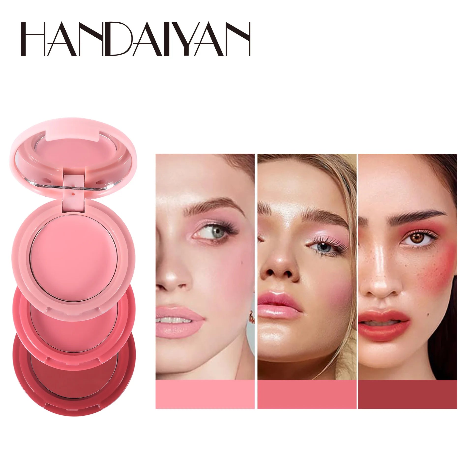 HANDAIYAN 3-in-1 Multi-Color Matte Blush Tray Folding 3-Color Velvet Mousse Lip Mud Natural