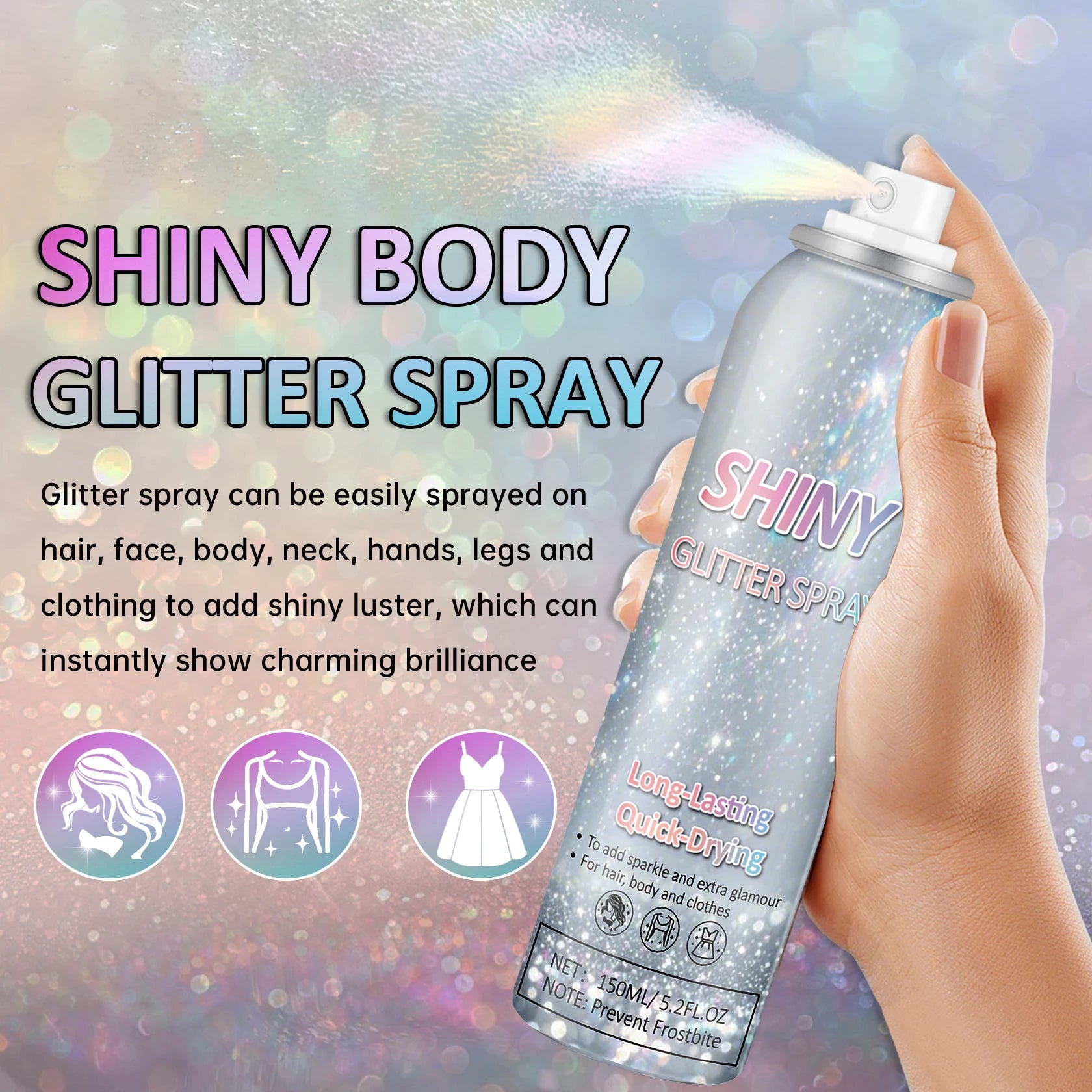 2025 Hot Sale Holographic Rainbow Silver Glitter Spray for Hair Body Quick-Drying Long Lasting Glitter Christmas Decorations
