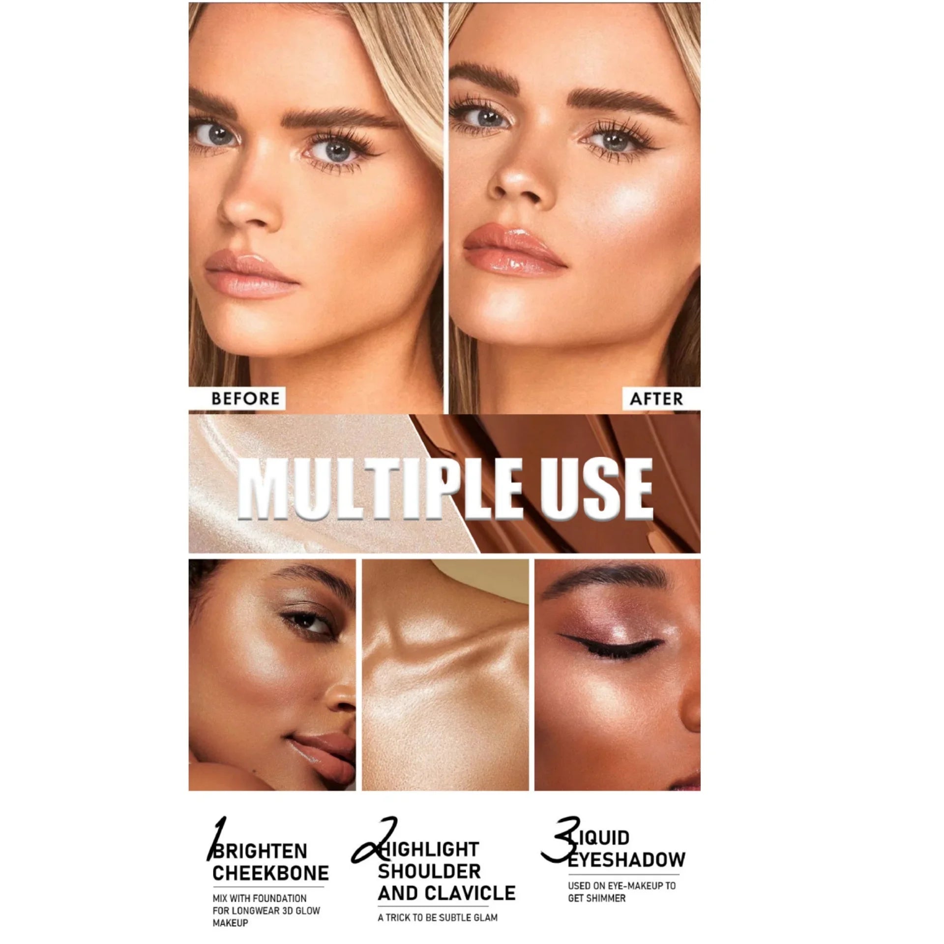 Rose Glow Liquid Contour Highlighter 3D Effect Soft Sponge Tip Easy to Wear Long Lasting Face Body Hihglight Contouring Stick