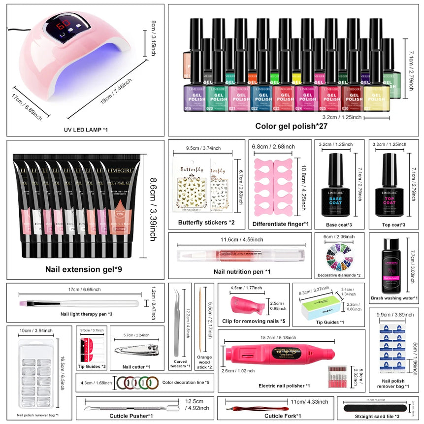 LIMEGIRL Gel Nail Polish Set with UV LED Lamp and Nail Drill Semi-Permanent Gel Varnish Kit UV Soak Gel Base Coat Polishing Tool