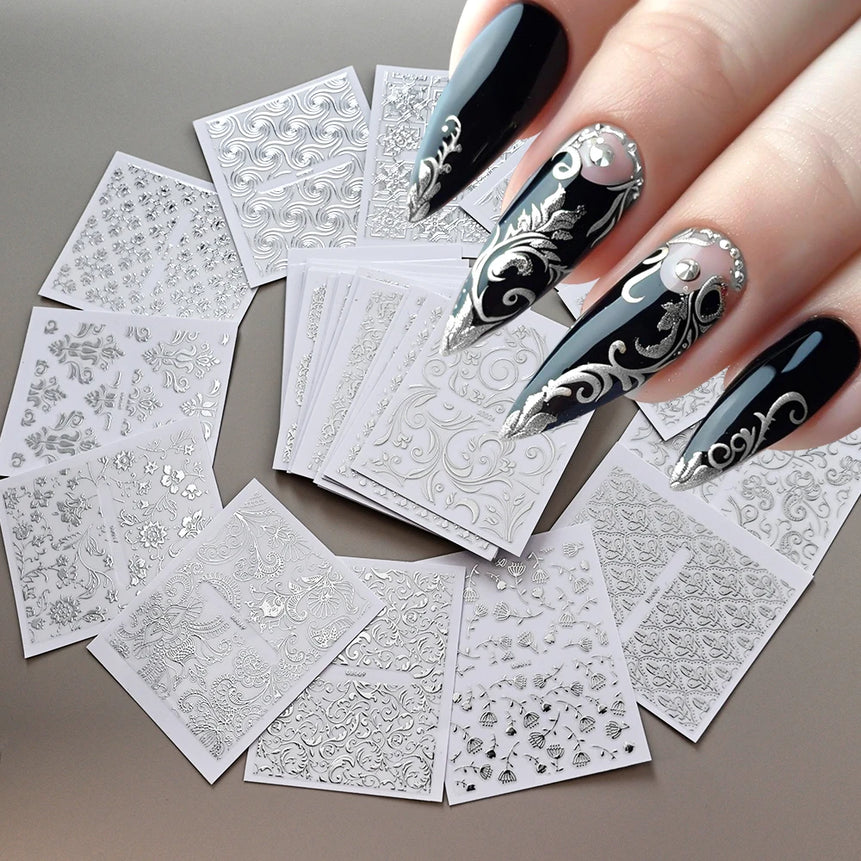 30 Sheets Gold Metallic Flowers Vine Nail Art Decals  3D Lace Flower Nail Sticker Self-Adhesive Nail Art Decoration 5.5*6.5cm