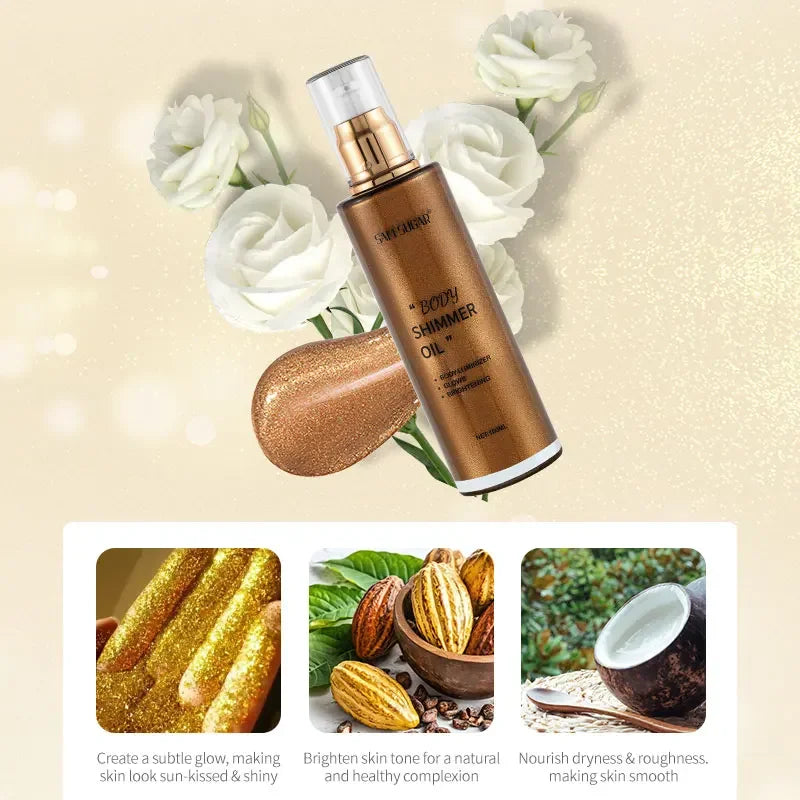100ml Pearl Rose Gold Body Shimmer Oil Highlighter - Face Brighten Glitter Bronzer Skin Glow Illuminator Makeup Shine Liquid