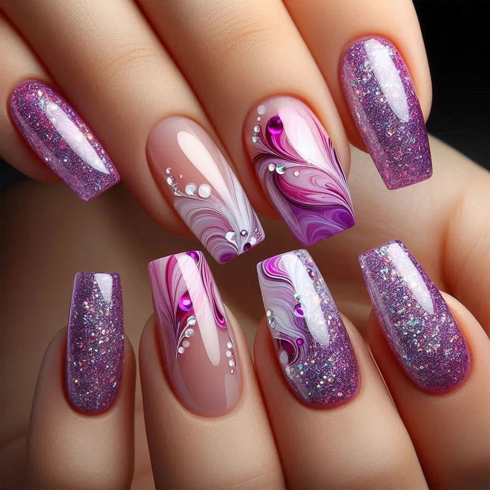 24Pcs Short False Nails with Shimmery Powder Ballet Nail Art Full Cover French Sheer Wearable Nail Manicure Tips for Girls Daily