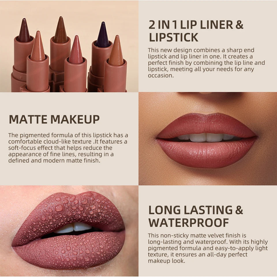 2-in-1 Lipstick Lip Liner Pointed Tip Long-Lasting Moisturizing Color-Payoff Lip Makeup for Everyday Use