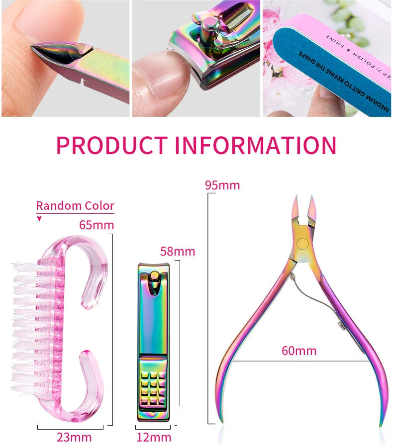 8pcs Manicure Nail Care Kit with Cuticle Nipper Metal Pusher Nail Clipper Cleaning Brush Buffer Block Dead Skin Remover Tools