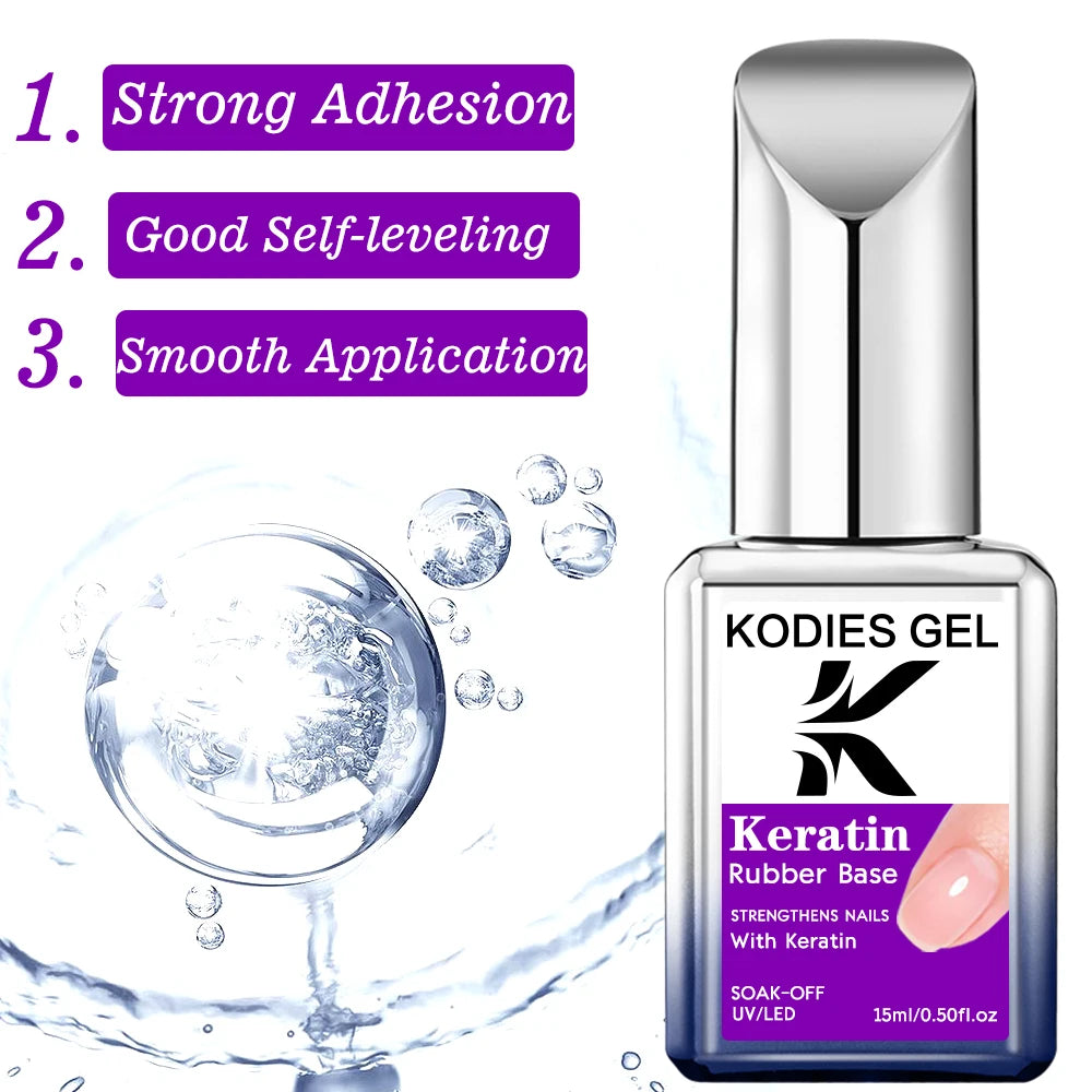 KODIES GEL Keratin Rubber Base Coat 15ML Nail Strengthener Gel Nail Polish Semi permanent UV Durable Base Varnish Protects Nails