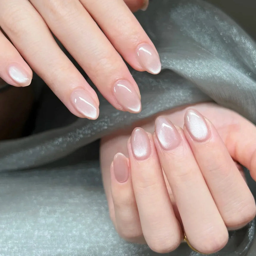 24Pcs Metallic Cat Eye French Sheer Manicure Tip Art Textured 3D Acrylic False Nails Nude Pink Almond Medium Press on Fake Nails
