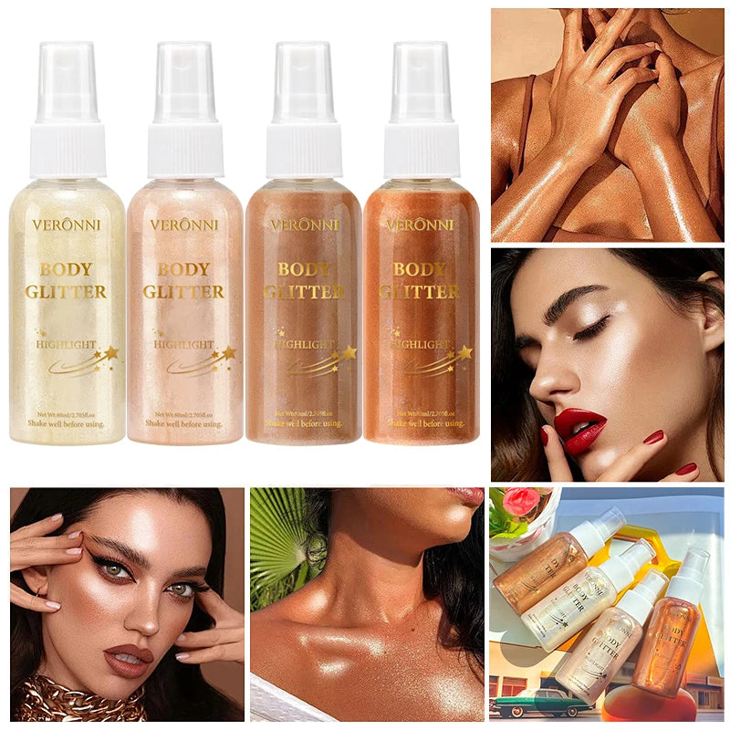 Liquid Body Highlighting Glow Shimmer Spray Cosmetic Waterproof Oil Lotion Makeup 4 Color High Gloss Glitter Spray for Face Body