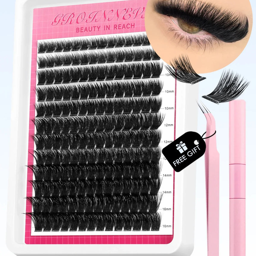 GROINNEYA Lash Clusters Kit Fluffy Individual Lashes C Curl Cluster DIY Lash Extension Kit Lash Bond and Seal Eyelash Extensions