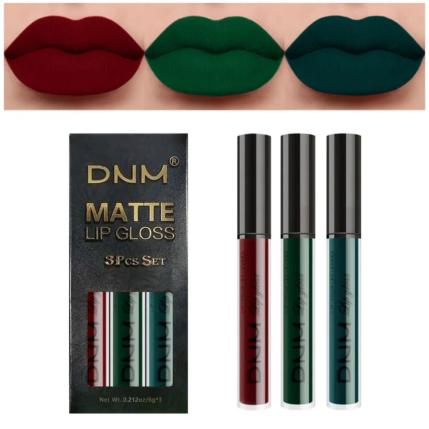 3pcs/set Liquid Lipstick Waterproof Long Lasting Cosmetic Black Blue Purple Green Matte Lip Gloss Nude Lip Tint Stain Makeup Set