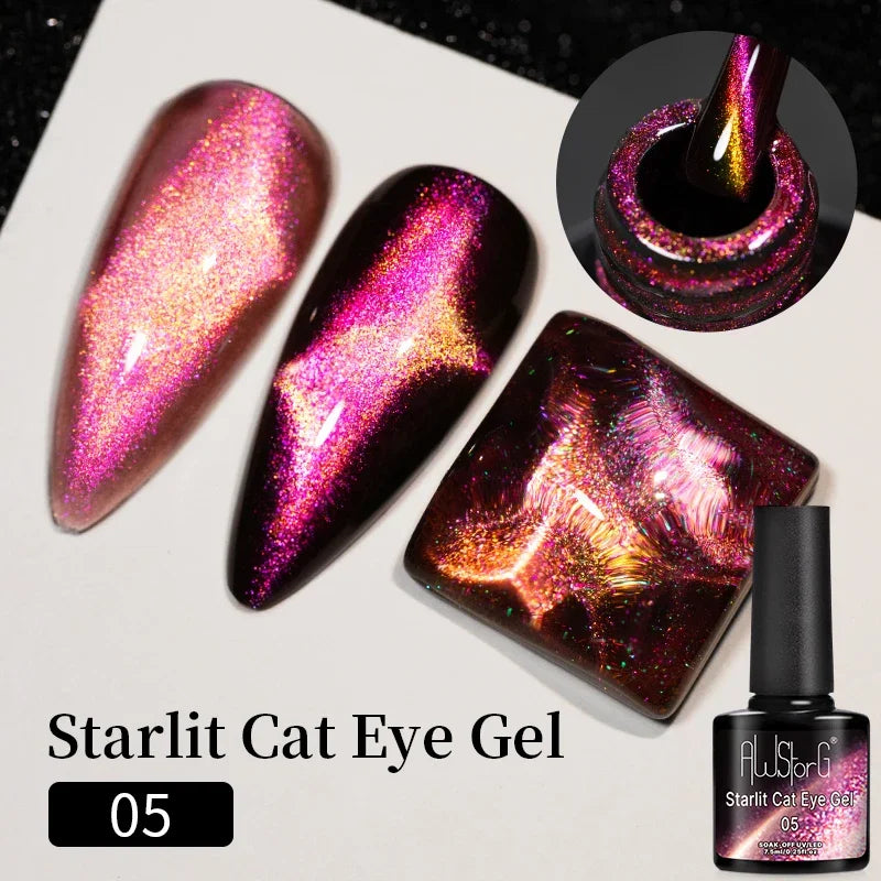 AWStorG 7.5ML Golden Gradient Cat Eye Magnetic Gel Sparkling Glitter Nail Polish Semi Permanent UV Nail Art No Need Base Color