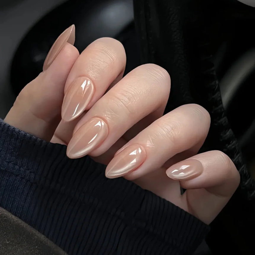 24Pcs Metallic Cat Eye French Sheer Manicure Tip Art Textured 3D Acrylic False Nails Nude Pink Almond Medium Press on Fake Nails