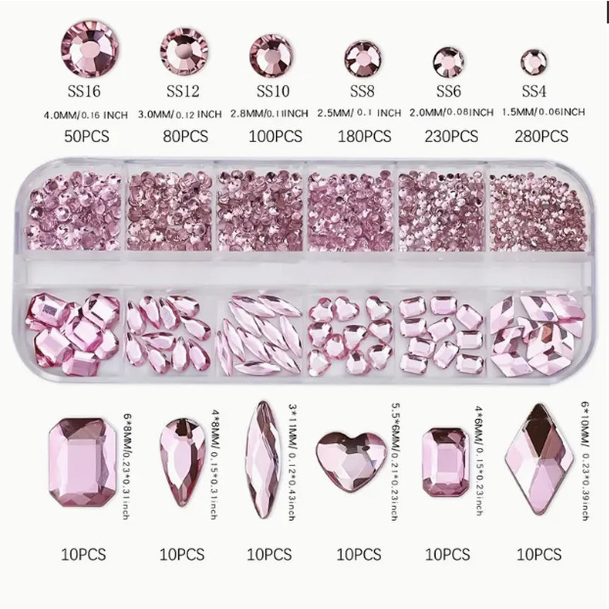 12Grids Pink Mixed Nail Rhinestones Luxury Nail Charms Glitter Crystal Jewelry Gems Nail Art Decoration Manicure Rhinestones