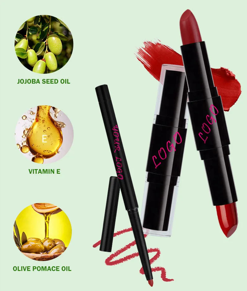 Lipstick with Lip Liner 2-1 Vegan Dual End Two Sides Matte Lipsticks Moist Combined Cosmetic Set