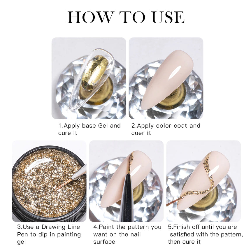 Four Lily 8ml Gold Sparkling Platinum Nail Gel Polish Glitter Long Lasting Semi Permanent Nail Art Painting Gel Varnish Design
