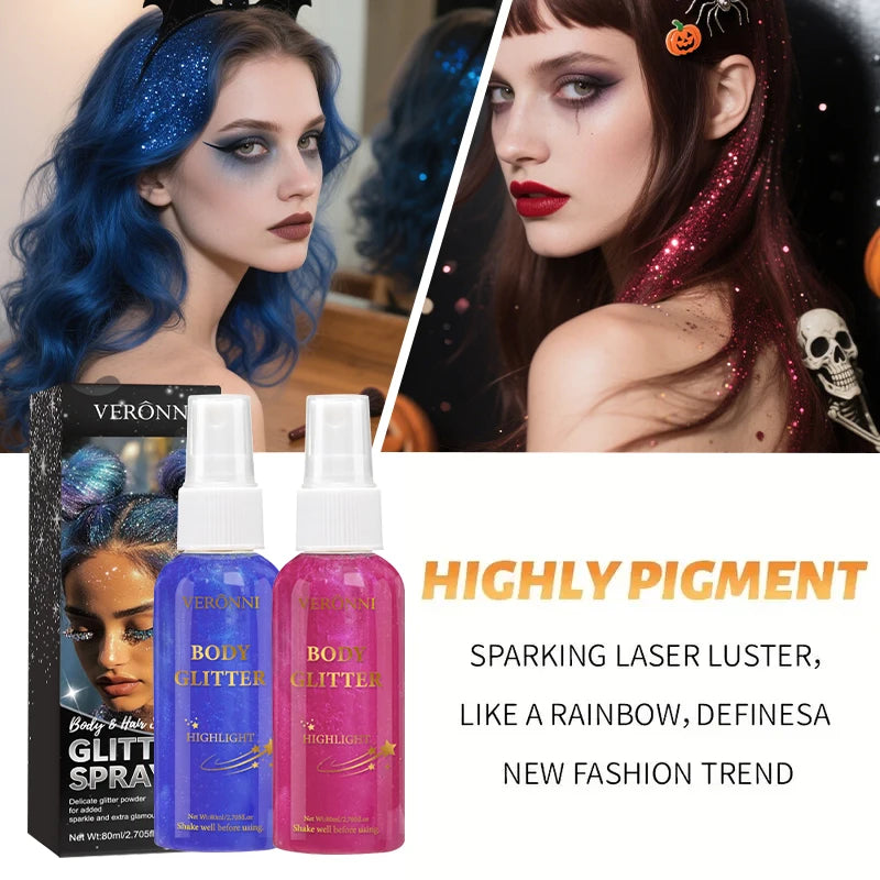 Liquid highlighter spray, high shine glitter spray, holographic highlighter spray, long lasting body halloween party makeup