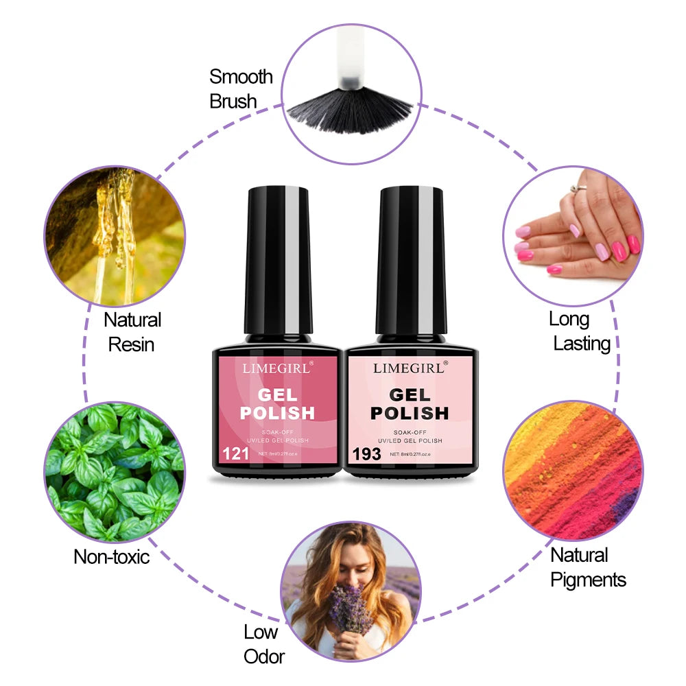 LIMEGIRL 8ml Gel Nail Polish Kit UV Soaking Gel Primer Polish Manicure Kit with UV LED Lamp Dryer Semi-Permanent Gel Varnish Kit