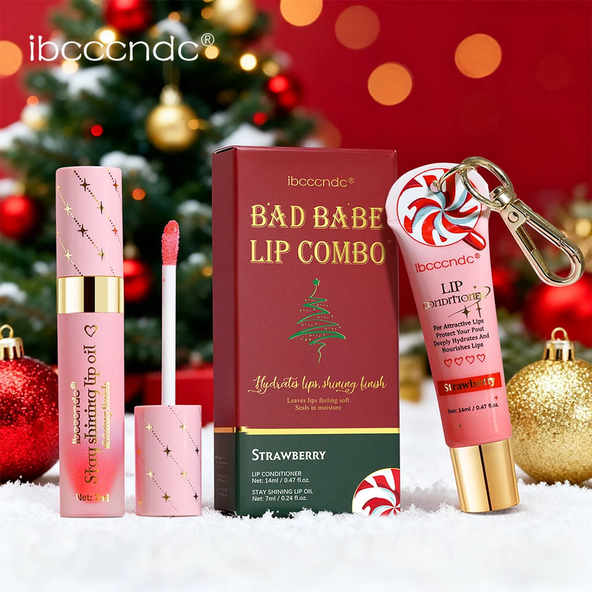 2pcs Bad Girl Glossy Christmas Lip Gloss Set Strawberry Lip Balm and Lip Gloss Combo Long-Lasting Hydrating Plump Lips Christmas