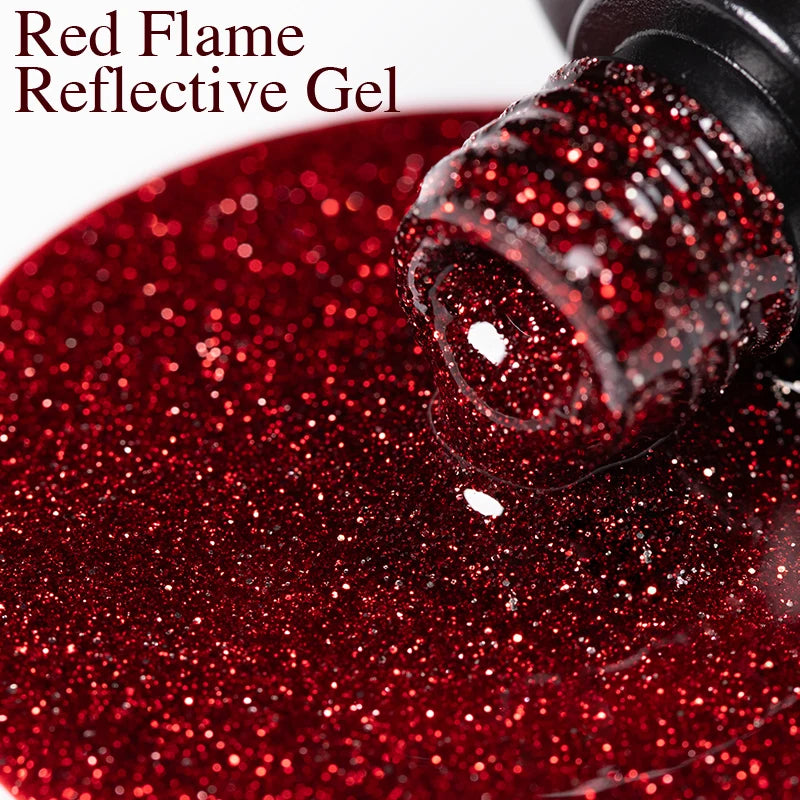 PUENTE 7.5ML Red Flame Reflective Gel Nail Polish Flash Sparkling Red Glitter Nail Gel Soak Off UV Semi-permanent Nail Varnish