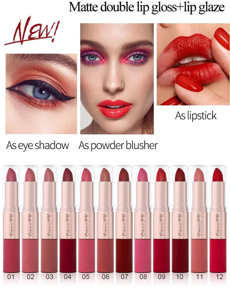 3 Pcs Long-Lasting Lipstick Lip Gloss Set-Double Headed Design for Natural Non-Fading Waterproof Non-stick Cup Exquisite Gift
