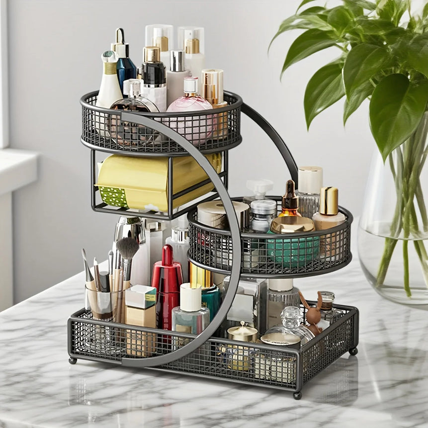 27-Inch 3-Tier Cast Iron Makeup Organizer, Bathroom Vanity Countertop Shelf, No-Assembly Wire Mesh Sturdy Space-Saving