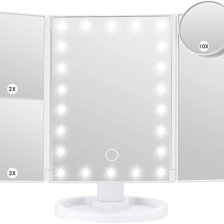 LED Vanity Makeup Mirror with Touch Control, Adjustable Lighting 1X, 2X, 3X Magnification, Trifold Design Ideal Gift for Women