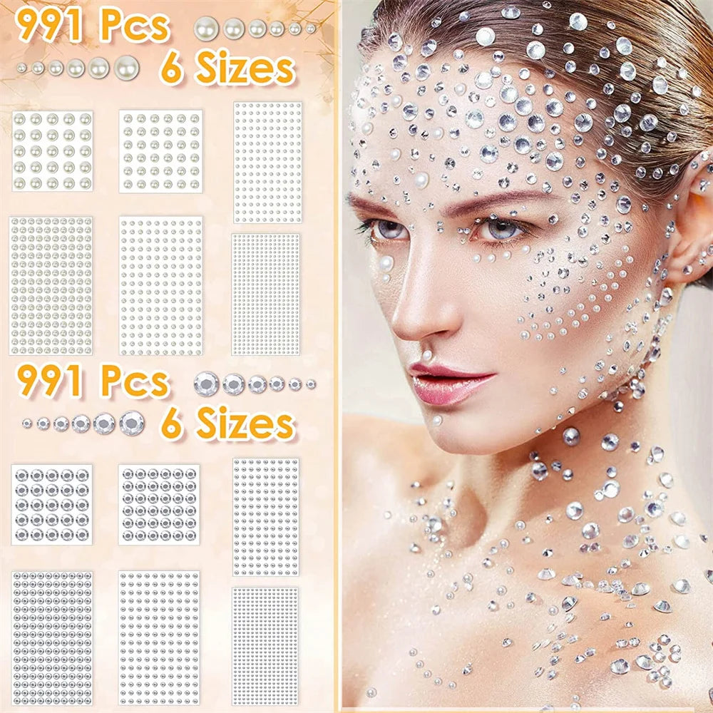 991-1982pcs Self Adhesive Pearls Rhinestones Stickers 6 Sizes Stick on Face Hair Ear 3D Jewels Gems Kids Scrapbooking DIY Toys