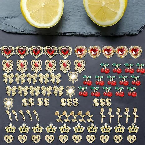 48Pcs 3D Gold Y2K Bulk Art Decor Set Charms Including Heart Rhinestones, Cherries Dollars Roses Crowns and More for Nail