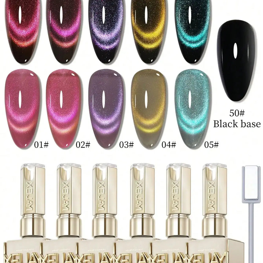 XEIJAYI 15ml Cat's Eye Gel Nail Polish Set, 5Colors Cat Eye And Black Nail Gel Quality DlY Nail