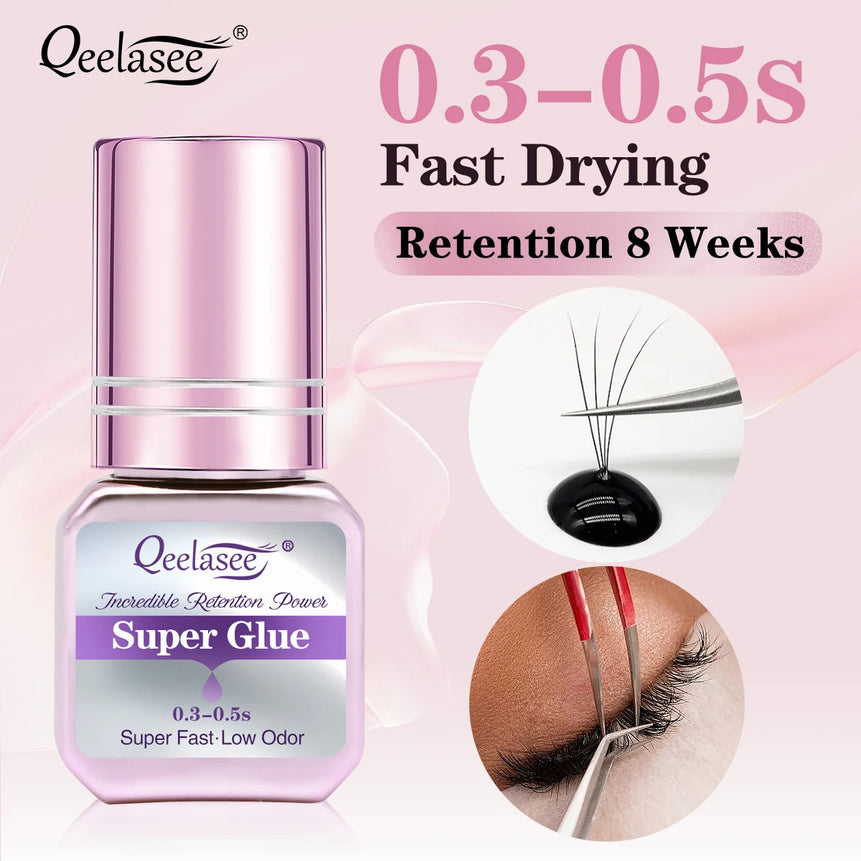 Qeelasee Eyelash Glue 0.3-0.5S Fastest Strongest Waterproof Mild Professional Eyelash Extension Glue