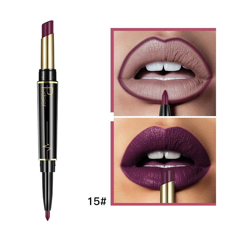 2 in 1 Lipstick and Lip Liner Pen, Matte Waterproof Long Lasting Lip Makeup Tool, Non-Fading Smooth Velvet Finish