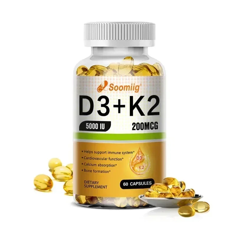 Vitamin D3 5000IU and 200 Mcg Vitamin K2 (MK-7) Capsules for Calcium Absorption, Bone Regeneration, Immune Support, Easy To Melt