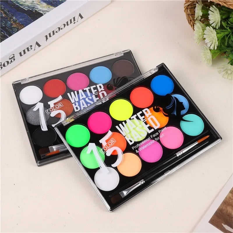 15 Colors Non-Toxic Face Painting Kit with Brush And Decals for Kids - Watercolor Body Makeup for Christmas Halloween Carnival