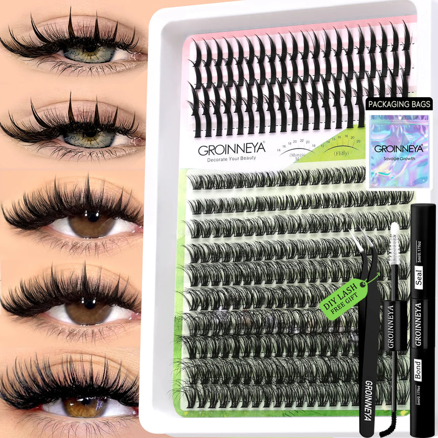 GROINNEYA Lash Clusters Kit DIY Manga Cluster Lashes Set Spikes Lashes Cluster Extension Full Set Individual Eyelashes Makeup