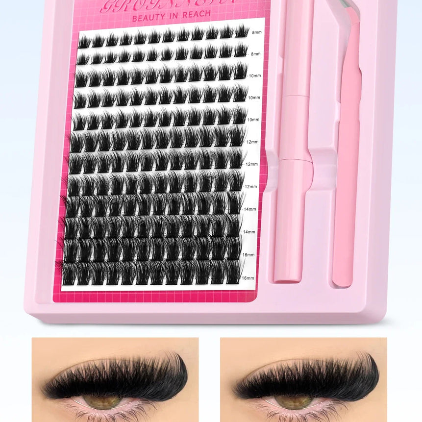 GROINNEYA Lash Clusters Kit Fluffy Individual Lashes C Curl Cluster DIY Lash Extension Kit Lash Bond and Seal Eyelash Extensions