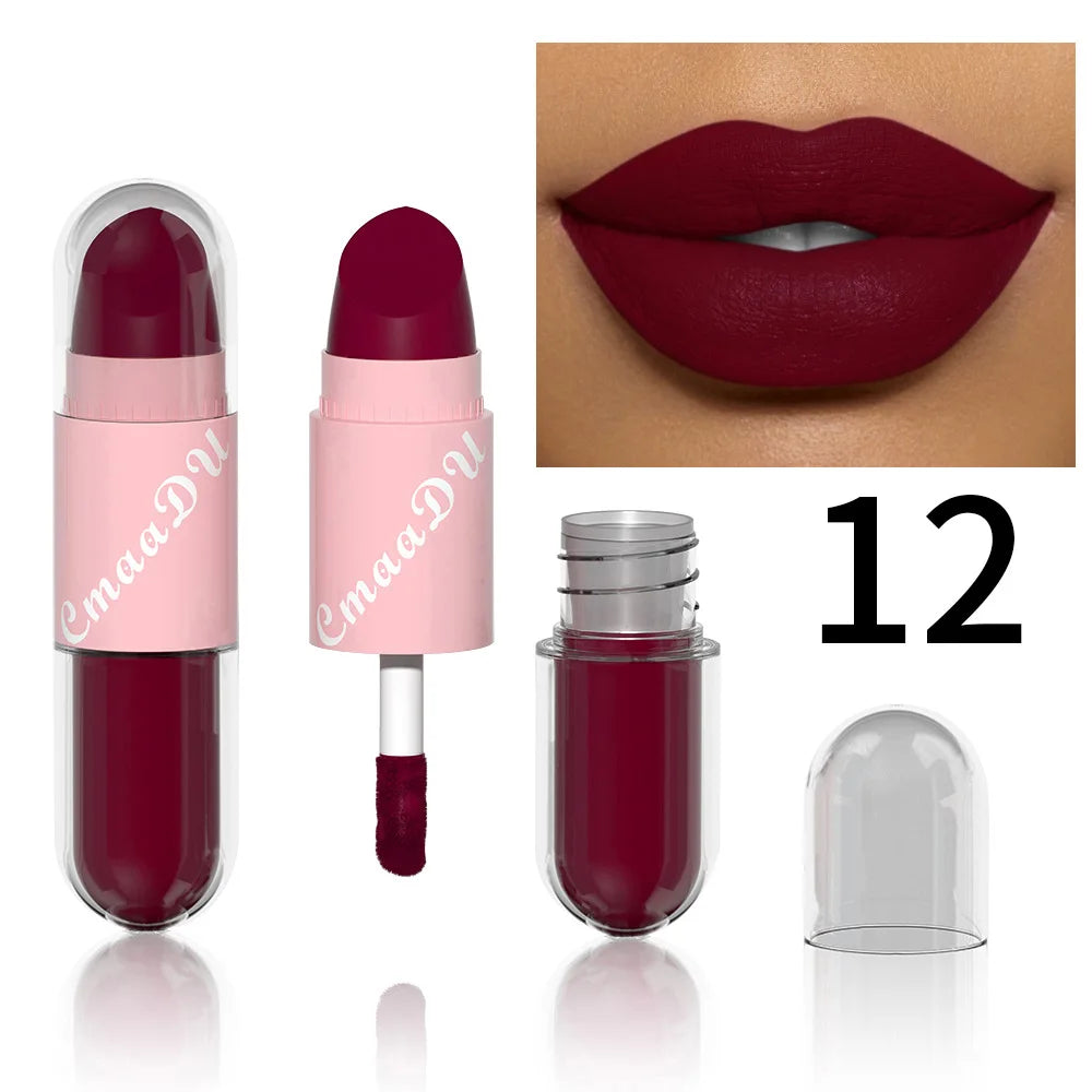 Lipstick Lip Gloss 2-in-1 Matte Lip Color Velvet Lip Glaze Waterproof Long Lasting Non-marking Natural Lip Tint Blam Cosmetic