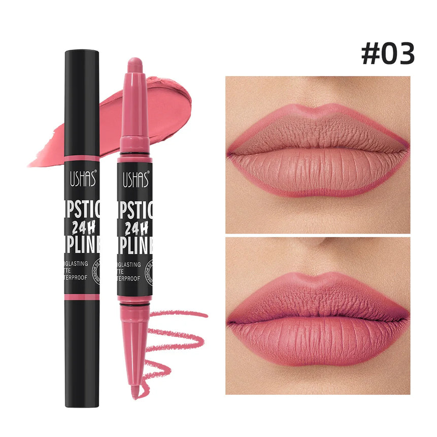 Waterproof Lipstick Lip Liner Contouring Crayon Non-stick Cup 2 IN 1 Double Headed Lipstick Matte Nude Sexy Lipliner Pen Makeup