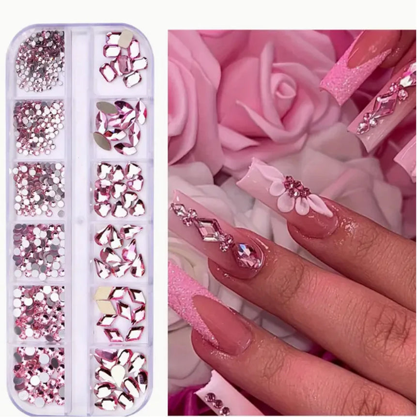 12Grids Pink Mixed Nail Rhinestones Luxury Nail Charms Glitter Crystal Jewelry Gems Nail Art Decoration Manicure Rhinestones