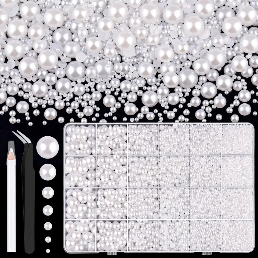 12000PCS Green Flat Back Pearl Rhinestones, Resin Rhinestones for Crafts, Shoes, Nails, Face Art with Tweezer Crayon
