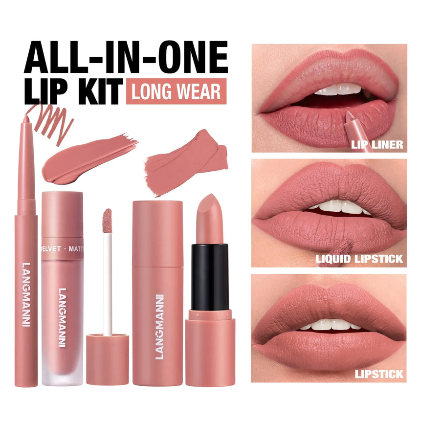 3pcs/Set Long Lasting Waterproof Lip Makeup Kit - Soft Smooth Creamy Lipliner Lipstick & Liquid Velvet Lipstick Set