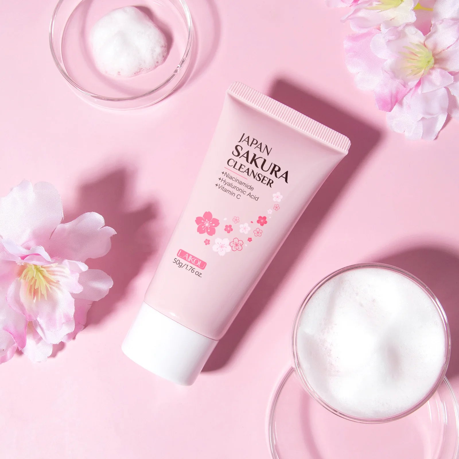 Laikou Sakura Facial Cleanser Deep Cleansing Pores Oil Control Moisturizing Brightening Face Wash Gentle For All Skin Types 50g