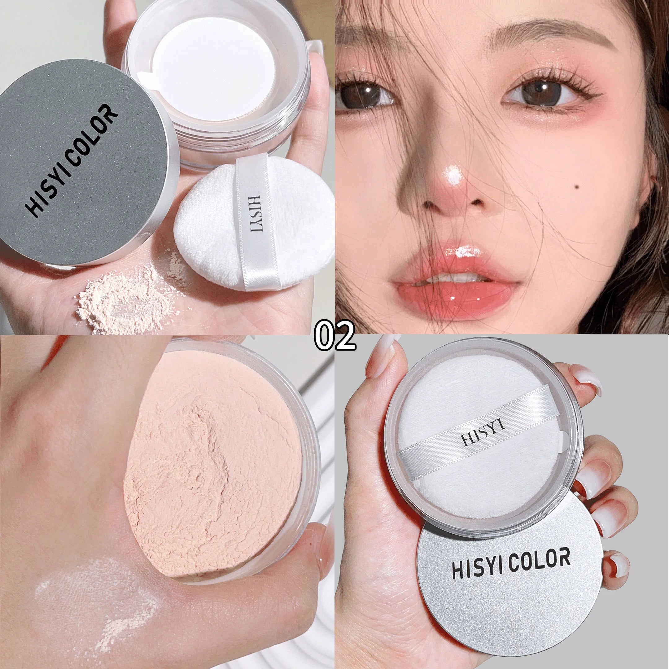 Waterproof and sweat-proof loose powder, brightens complexion with highlighting and whitening effects, matte finish.