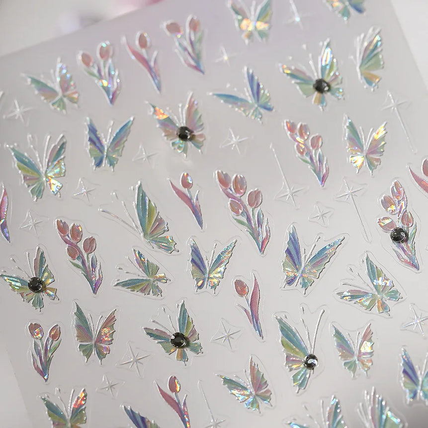 1pcs 5D Rhinestones Butterfly Nail Stickers Kawaii AB Shiny Butterfly Adhesive Nail Art Decorations Decal Design Manicure Tools