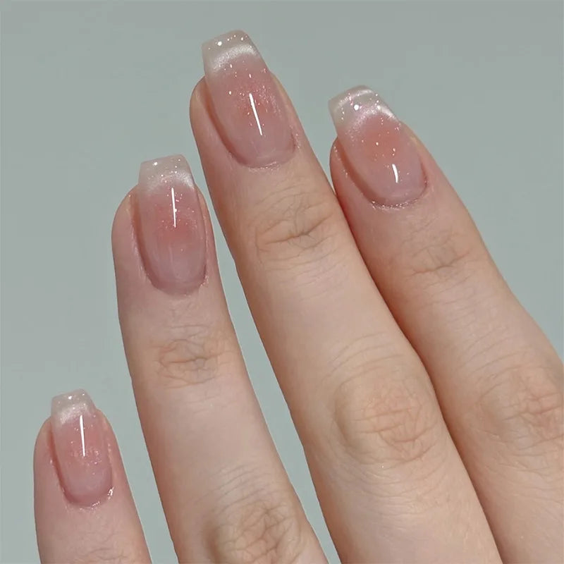 24Pcs Short False Nails with Shimmery Powder Ballet Nail Art Full Cover French Sheer Wearable Nail Manicure Tips for Girls Daily
