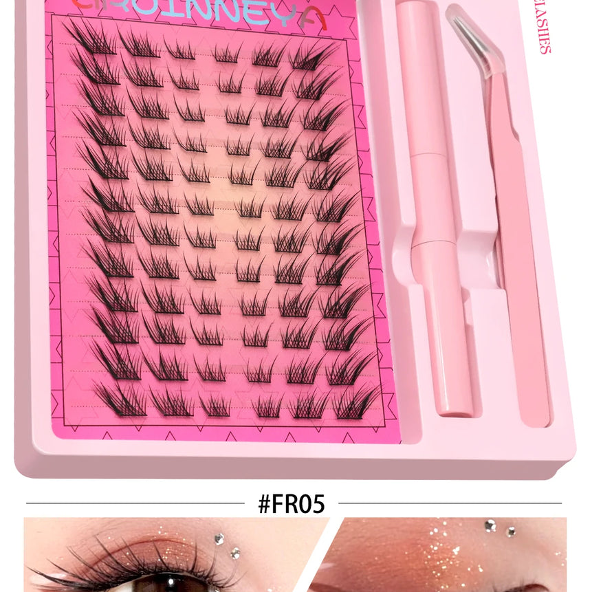 GROINNEYA Manga Lash Clusters Kit Cat Lashes with Lash Bond & Seal Cluster Eyelash Extensions Eyelash Clusters Kit DIY Lashes