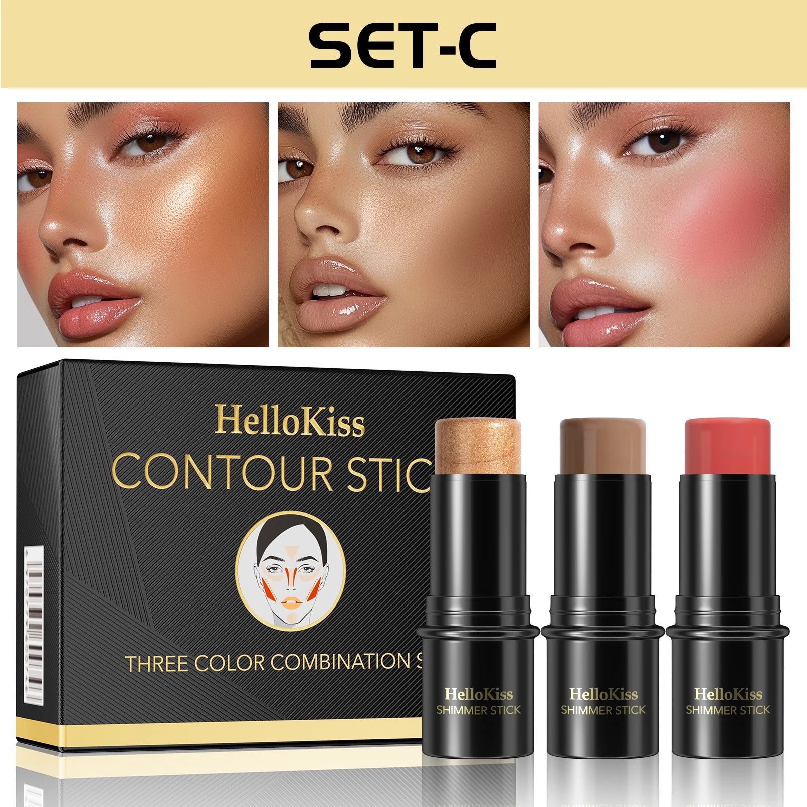 1 Set of 3 Contour Sticks, Highlighter Stick, Blush Stick, 3-Piece Cream Contour Set Including Contour Brush, Creates Facial Contours, Non-Greasy