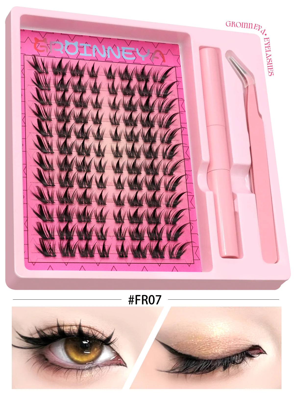 GROINNEYA Manga Lash Clusters Kit Cat Lashes with Lash Bond & Seal Cluster Eyelash Extensions Eyelash Clusters Kit DIY Lashes
