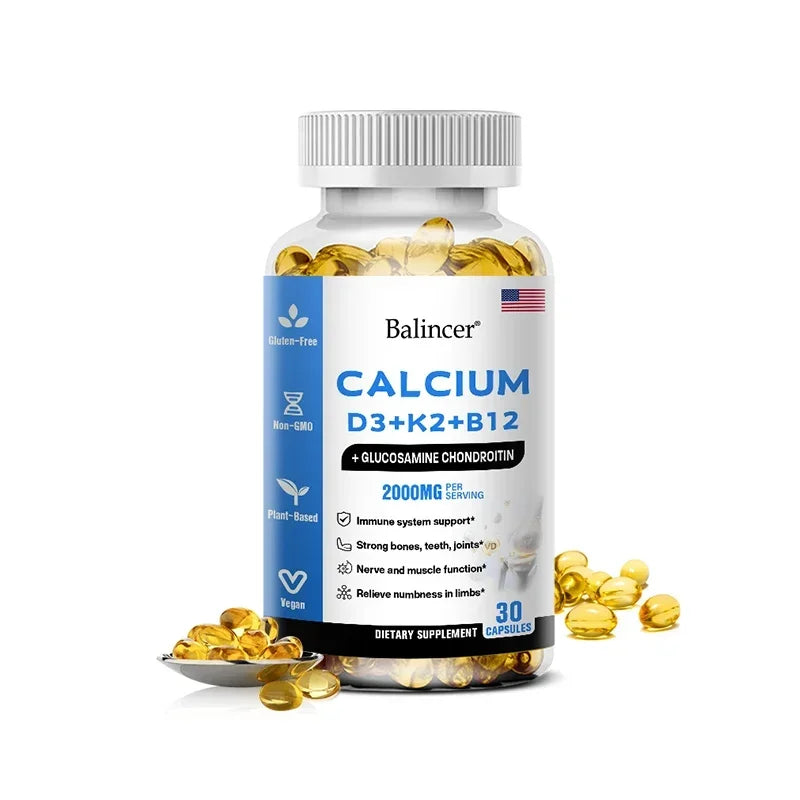 Calcium Supplement with Vitamins D3+K2+B12 Supports Nerve and Muscle Function, Heart Health and Immunity